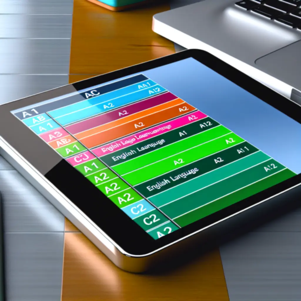Diák tabletjén nézi az angol szintek összehasonlító táblázatát