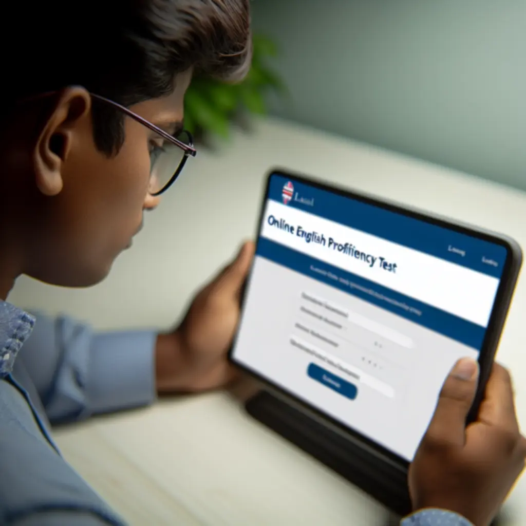 Online angol szintfelmérő tesztet kitöltő diák laptopon